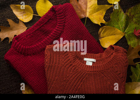 Mode Flach von zwei bunten warm, Flusen, Wolle/Wolle, gemütliche Pullis/Jumper auf ein HERBSTLICHES/Herbst Hintergrund der gelben und roten Laub Stockfoto