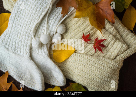 Mode Flach von zwei bunten warm, Flusen, Wolle/Wolle, gemütliche Pullis/Jumper auf ein HERBSTLICHES/Herbst Hintergrund der gelben und roten Laub Stockfoto