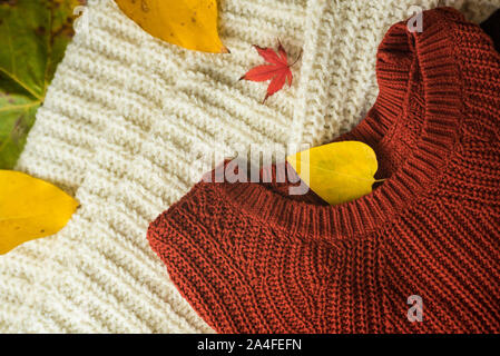 Mode Flach von zwei bunten warm, Flusen, Wolle/Wolle, gemütliche Pullis/Jumper auf ein HERBSTLICHES/Herbst Hintergrund der gelben und roten Laub Stockfoto