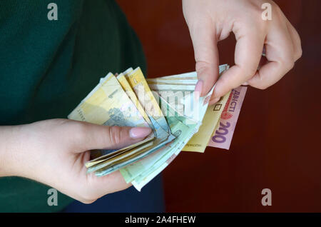 Weibliche Hände zählt grosse Menge der ukrainischen Geld während der vergütungszeitraum in der Ukraine. Reiches leben Konzept Stockfoto