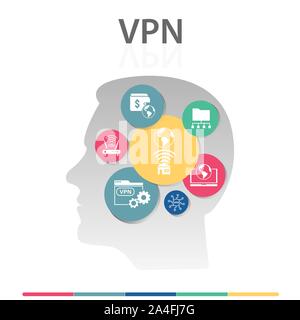 Vpn-Infografiken vektor design. Timeline Konzept gehören VPN-Pay, Archivierung, Home internet Symbole. Kann für Bericht, Präsentation, Diagramm verwendet werden, Web Stock Vektor