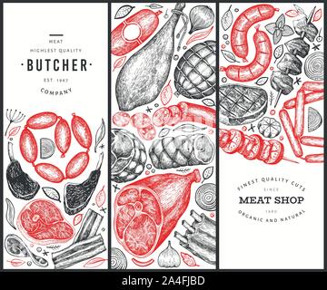 Satz von drei Fleischerzeugnissen Design Vorlagen. Vektor Hand gezeichnet Schinken, Würstchen, Steaks, jamon, Gewürzen und Kräutern. Vintage Illustrationen. Können Sie für l werden Stock Vektor