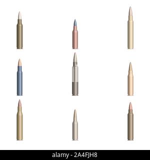 Eingestellt von fotorealistischen Waffe Patronen mit einer Kugel, auf weißem Hintergrund. Vorderansicht, Vector Illustration. Stock Vektor