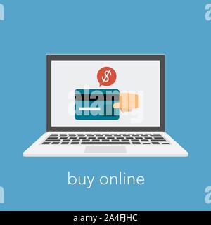 Online kaufen Slogan mit Laptop und Kreditkarte. Eine Hand eine Zahlung. Stock Vektor