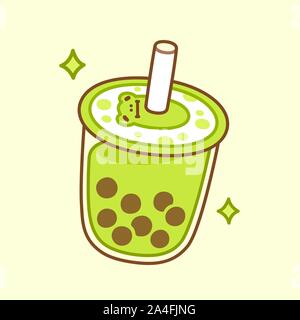 Cute cartoon grün Bubble Tea Cup Zeichnung. Matcha Milch Smoothie mit Tapioka Perlen und kawaii Frosch Maskottchen. Hand gezeichnet boba Kaffee trinken Vektor Lllustrat Stock Vektor