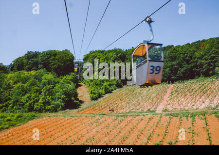 Seilbahn über den Weinberg und am Rande des Waldes in Europa. Thema der Freizeit und Tourismus Deutschland Rüdesheim am Rhein. Stockfoto