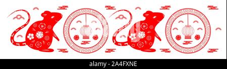 2020 Chinesisches Neues Jahr Gruß runde Karte mit roten Ratte Silhouette, Wolken, Laterne, Stock Vektor