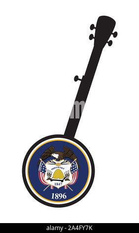 Eine typische 5 string Banjo in Silhouette auf weißem Hintergrund mit dem Symbol von der Zustand der Dichtung von Utah Stock Vektor