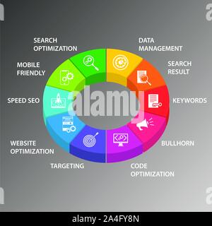 Seo Infografiken vektor design. Timeline Konzept gehören Suche Optimierung, Datenmanagement, Suchergebnis Symbole. Kann für den Bericht verwendet werden. Stock Vektor