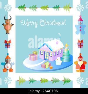 Isometrische Weihnachten dekoriert Häuser mit Baum und Schneemann. 3D-Flachbild Abbildung Stock Vektor