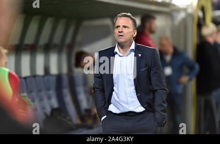 Uherske Hradiste, Tschechien. 14 Okt, 2019. Tschechische Trainer Karel Krejci in Aktion während der U-21-Fußball 4. Gruppe nähere Bestimmung der Tschechischen Republik vs Schottland in Uherske Hradiste, Tschechien, 14. Oktober 2019. Credit: Dalibor Gluck/CTK Photo/Alamy leben Nachrichten Stockfoto