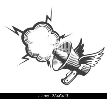 Winged Megafon mit Sprechblase Emblem. Vector Illustration. Stock Vektor