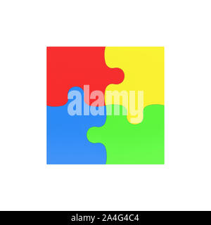 3D-Rendering von vier bunte Puzzleteile auf weißem Hintergrund miteinander verbunden. Die Verschraubung in. Einheit. Jigsaw. Stockfoto