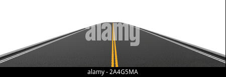 3D-Rendering von einem leeren 2-Wege asphaltierten Straße weiter geradeaus und verschwinden in die Ferne. Fahrbahnmarkierungen und Sighns. Neue Horizonte und Möglichkeiten. Stockfoto