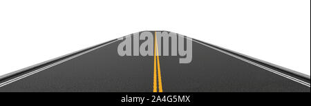 3D-Rendering von einem leeren 2-Wege asphaltierten Straße weiter geradeaus und verschwinden in die Ferne. Fahrbahnmarkierungen und Sighns. Neue Horizonte und Möglichkeiten. Stockfoto