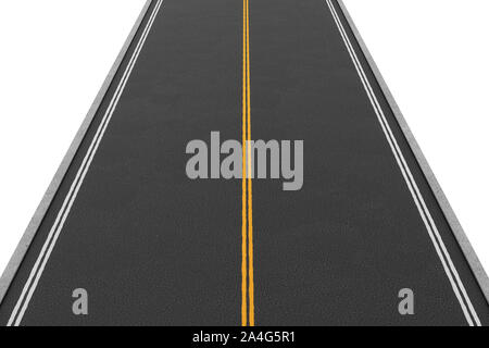 3D-Rendering des leeren zweispurige Straße mit Asphalt gerade bedeckt, auf einem weißen Hintergrund. Fahrbahnmarkierungen und Schilder. Neue Horizonte und o Stockfoto