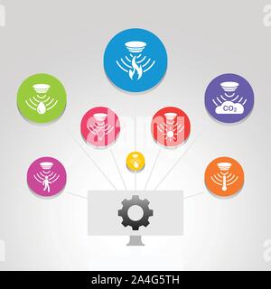 Sensor Infografiken vektor design. Timeline Konzept gehören Flammenmelder, Gas Sensor, Lichtsensor Symbole. Kann für den Bericht verwendet, Präsentation. Stock Vektor