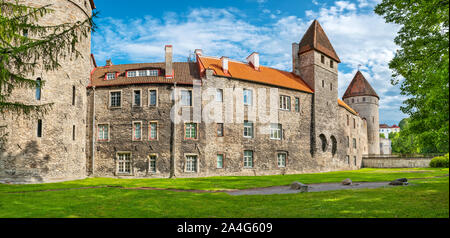 Panoramablick auf die Stadt an der Wand und die mittelalterlichen Türme rund um die Altstadt von Tallinn. Estland Stockfoto