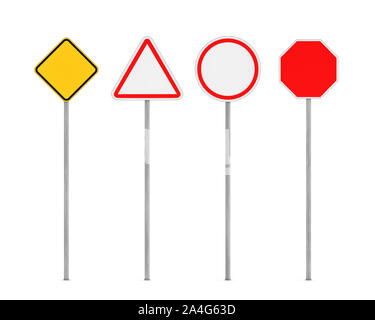 3D-Rendering von vier leere Verkehrszeichen auf Beiträge auf weißem Hintergrund. Die Sicherheit im Straßenverkehr. Verkehrsregeln. Warnung Zeichen und Symbole. Informat Stockfoto