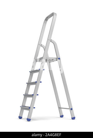 3D-Rendering der Leiter eines einzelnen Metall Builder mit blauen Armaturen auf weißem Hintergrund. Arbeiten an Höhe. Bau und Konstruktion. Ma Stockfoto