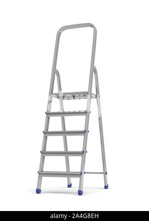 3D-Rendering der Leiter eines einzelnen Metall Builder mit blauen Armaturen auf weißem Hintergrund. Arbeiten an Höhe. Bau und Konstruktion. Ma Stockfoto