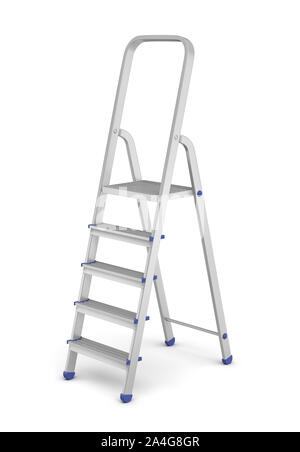 3D-Rendering der Leiter eines einzelnen Metall Builder mit blauen Armaturen auf weißem Hintergrund. Arbeiten an Höhe. Bau und Konstruktion. Ma Stockfoto