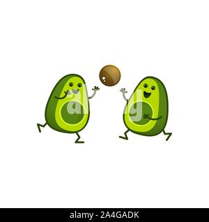 Cartoon avocado Charaktere spielen Ball. Eine kawaii Avocado halbieren ist ein Sport. Gesunder Lebensstil Abbildung Stock Vektor