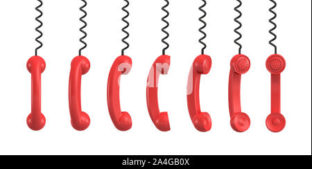 3D-Rendering von mehreren rot Retro Telefon Empfänger aus ihren schwarzen Schnüre hängen auf einem weißen Hintergrund. Communication Equipment. Notruf. Rece Stockfoto