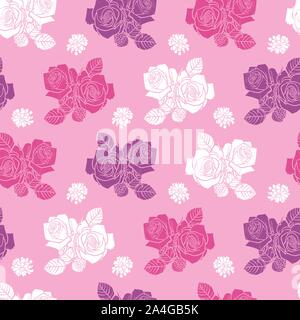 Vektor rosa Rosen und Beeren nahtlose Muster. Solide gefüllt weiß, rosa und purpur wiederholte Elemente. Perfekt für Gewebe, scrapbooking und Tapeten Stock Vektor