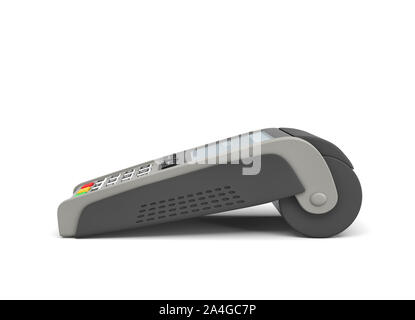 3D-Rendering von einer leeren Karte Payment Terminal in der Seitenansicht auf weißem Hintergrund. Stockfoto