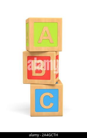 3D-Rendering von drei Holzspielzeug Cubes mit ABC Beschriftung auf weißem Hintergrund. Stockfoto