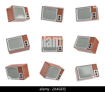 3D-Rendering einer abgeschalteten retro TV in verschiedenen Winkel auf weißem Hintergrund. Stockfoto