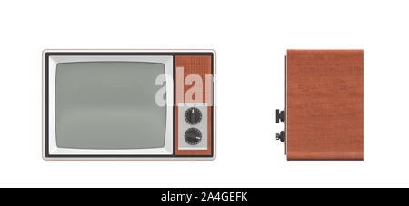 3D-Rendering einer abgeschalteten retro TV mit einem großen Bildschirm und zwei Drehschalter. Stockfoto