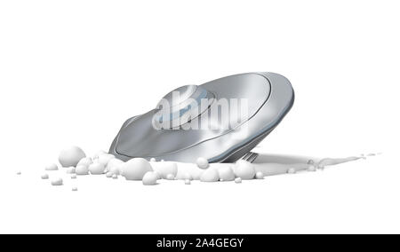 3D-Rendering für eine "fliegende Untertasse Crash - auf weißem Boden gelandet. Stockfoto