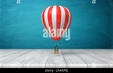 3D-Rendering einer gestreiften weißen und roten Heißluftballon über einen Schreibtisch aus Holz auf einem blauen Hintergrund hängen. Stockfoto