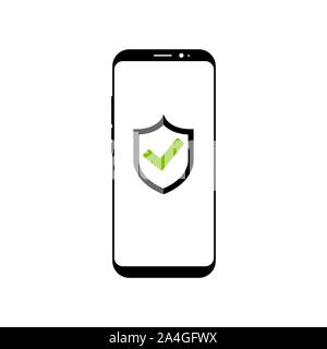 Grüne Abdeckung auf Smart Phone. Hand hält die Smart Phone und Finger berührt. Modernes flaches design Illustration. Stockfoto