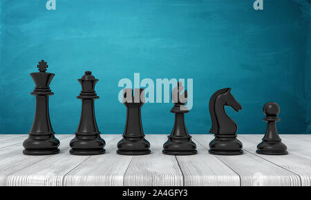 3D-Rendering für eine ganze Reihe von schwarzen Schach Figuren von der Art, die auf die Bauern stehen in der Linie auf einem Holztisch. Stockfoto