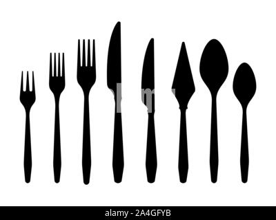 Besteck schwarze Silhouetten Messer Gabel Löffel auf weißem Hintergrund Stock Vektor