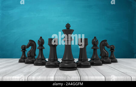 3D-Rendering aus einer Reihe von schwarzen Schach Figuren stehen auf einer hölzernen Tisch. Stockfoto