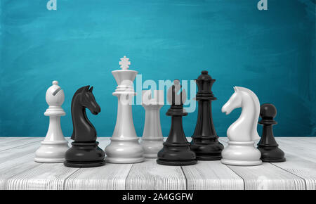 3D-Rendering aus einer Reihe von schwarzen und weißen Schach Figuren stehen auf einer hölzernen Tisch. Stockfoto
