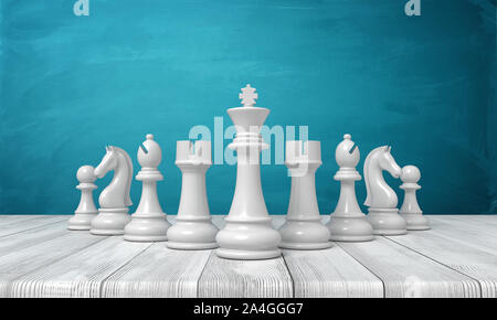 3D-Rendering für eine Reihe von weißen Schach Figuren stehen auf einer hölzernen Tisch. Stockfoto