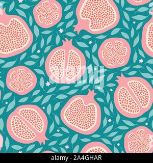 Granatapfel Obst nahtlose Muster Design Hintergrund in Rosa, Rot und Grün. Hand gezeichnet gesundes Essen warf Vektor wiederholen. Stock Vektor