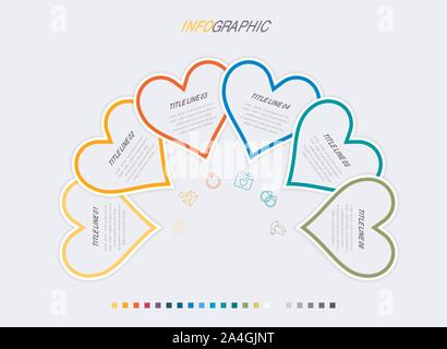 Bunte Diagramm, Herz Infografik Vorlage. Timeline mit 6 Herzen. Liebe Workflow für Valentinstag. Vektor Design. Stock Vektor