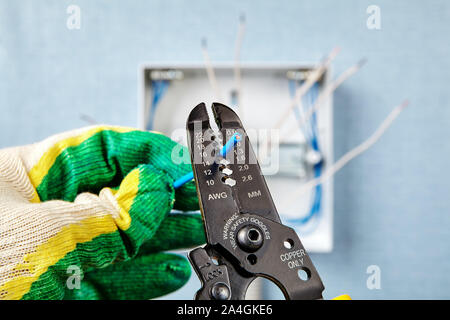 Service für den Hausgebrauch Verdrahtung. Der Techniker behebt die Isolierung vom Ende der Kupferdraht mit dem Abstreifer Fräser. Installation einer h Stockfoto