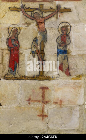 Ein altes christliches Gemälde der Kreuzigung Jesu Christi mit seiner Mutter und Johannes dem Apostel. Museum der Schönen Künste in Valenciennes, Frankreich. Stockfoto