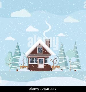 Flaches Design Winter verschneite Landschaft Natur Szene mit modernen brick House Vorderansicht, Schornstein Rauch, Bäume, Fichten, Wolken, Schnee, Felder in Cartoon sty Stock Vektor
