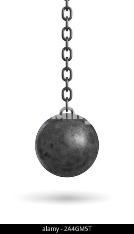 3D-Rendering von einer Tinte schwarz Abrissbirne hängt an einer Kette auf weißem Hintergrund. Stockfoto