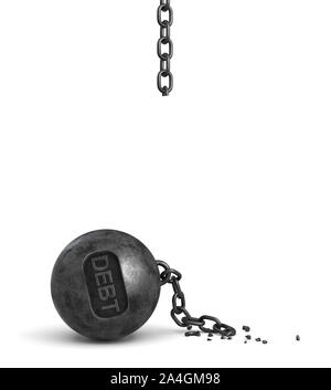 3D-Rendering einer zerbrochenen eisernen Kette, ein großes Bügeleisen Abrissbirne mit Buchstaben Schulden auf, um es zu halten. Stockfoto