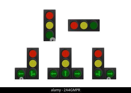 Ampel. Rot, Gelb und Grün. Vector Illustration. Vertikal, horizontal, rechts und links, Pfeile Stock Vektor