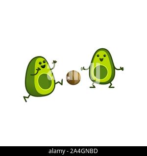 Cartoon avocado Charaktere spielen Ball. Eine kawaii Avocado halbieren ist ein Sport. Gesunder Lebensstil Abbildung Stock Vektor